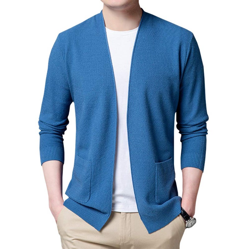 Womleys Mens Casual Open Front Long Sleeve Cotton Cardigan Sweater (Blue, Medium) - Image 2